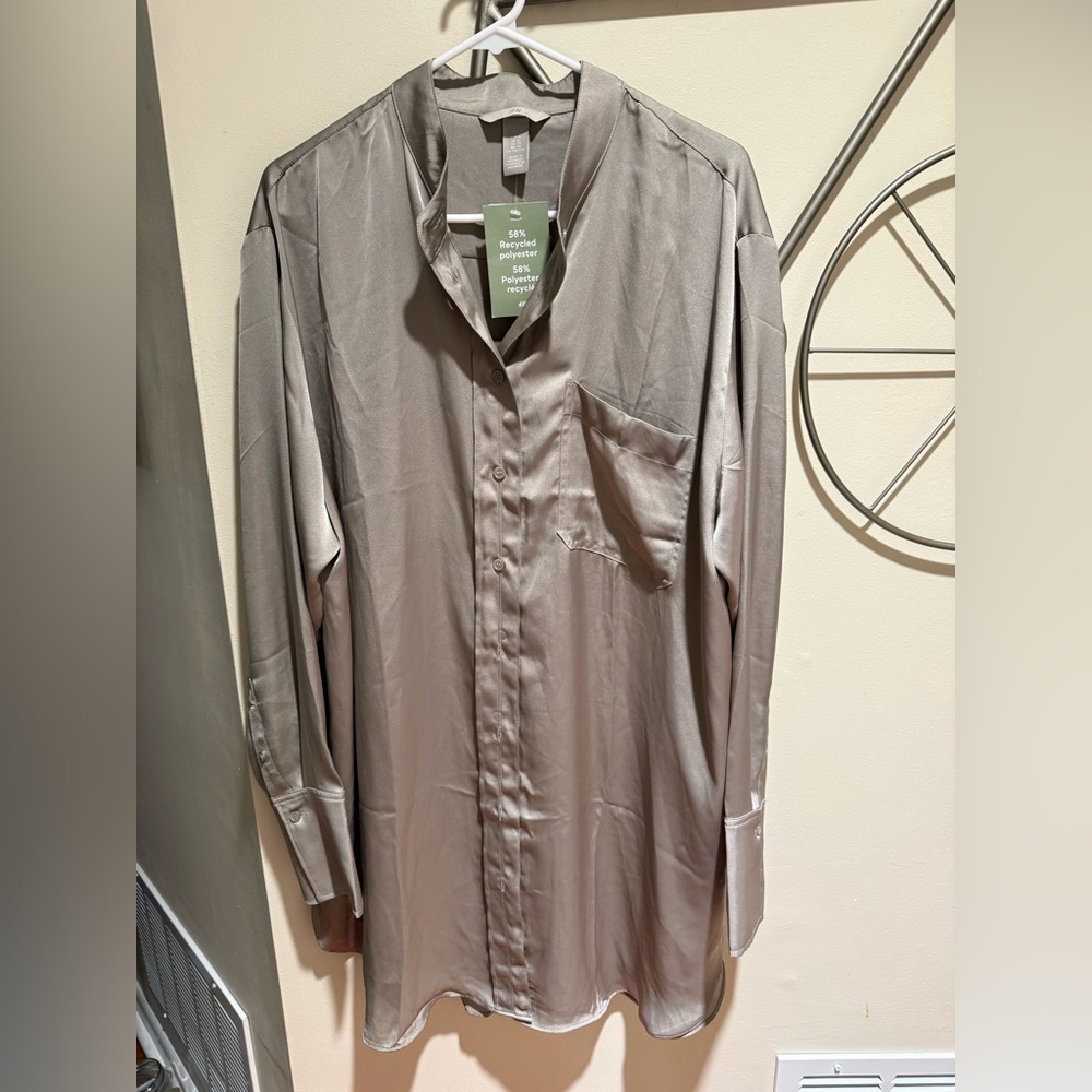 H&M Shiny Button-Up Shirt Dress in Taupe Size XL NWT Classic Long Sleeve